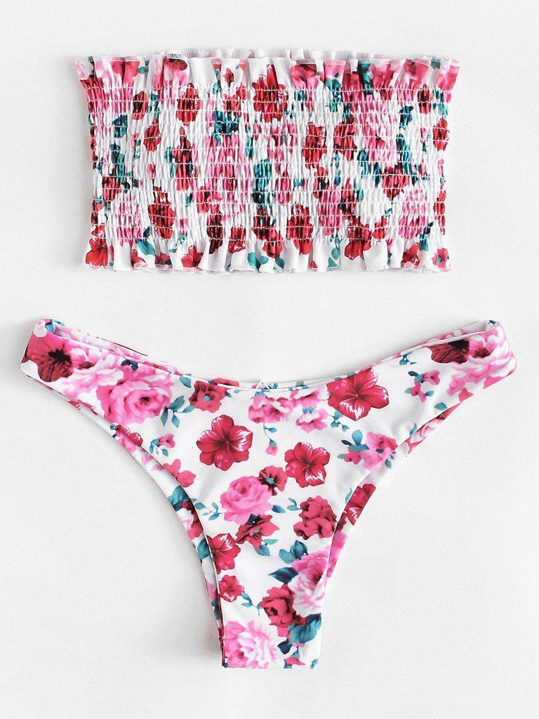 Floral Print Frill Trim Shirred Bikini Set-swimwear-Des Mess