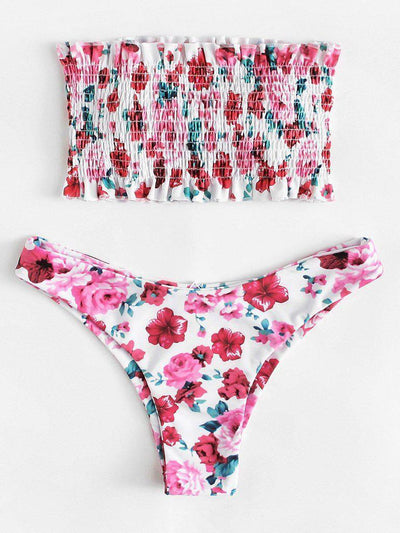 Floral Print Frill Trim Shirred Bikini Set-swimwear-Des Mess