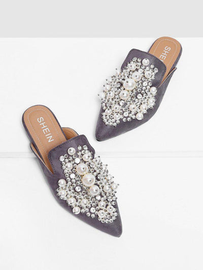 Faux Pearl Decorated Flat Mules-shoes-Des Mess