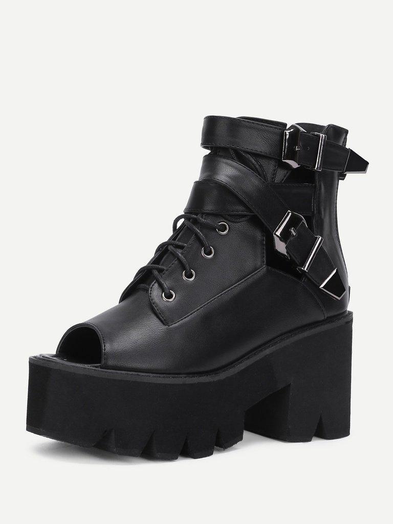 Peep Toe Lace Up PU Wedges-shoes-Des Mess