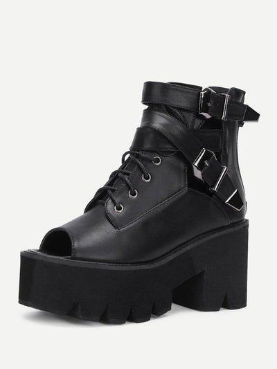 Peep Toe Lace Up PU Wedges-shoes-Des Mess