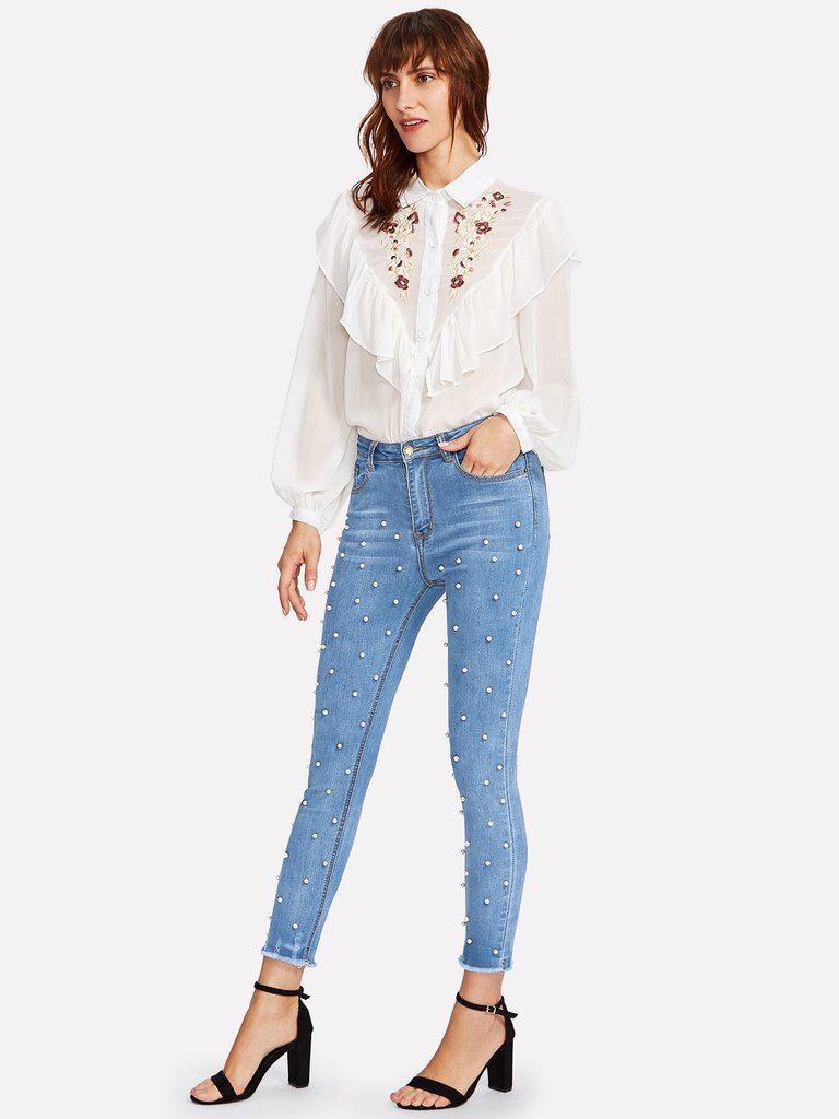 Pearl Beaded Frayed Hem Jeans-bottom-Des Mess