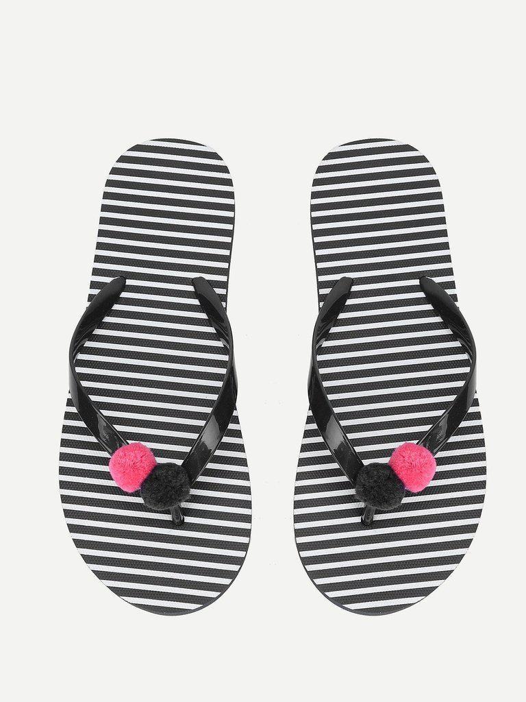 Pom Pom Detail Striped Flip Flops-shoes-Des Mess