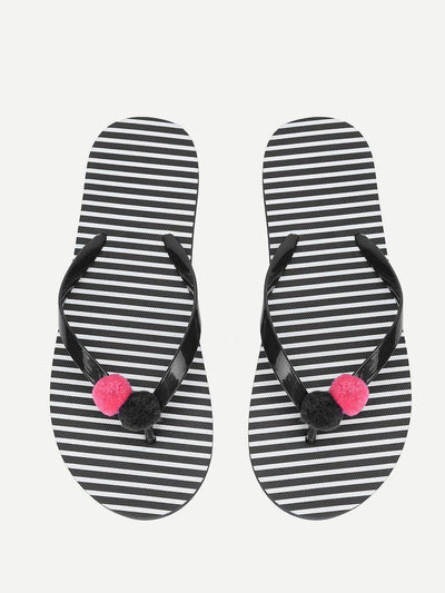 Pom Pom Detail Striped Flip Flops-shoes-Des Mess