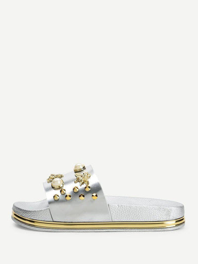 Faux Pearl Decorated Slippers-shoes-Des Mess