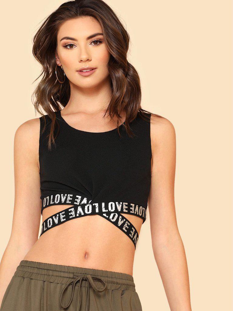Letter Print Cross Strap Sports Bra-sportswear-Des Mess