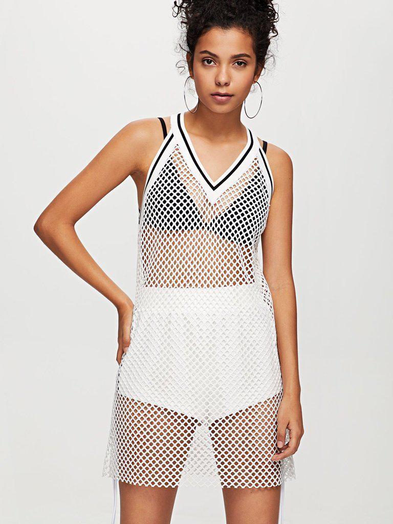 Contrast Striped Trim Fishnet Mesh Dress-sportswear-Des Mess