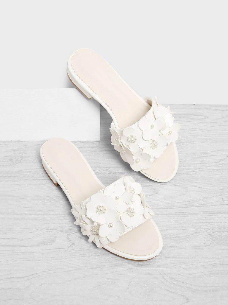 Flower Decorated PU Flat Sliders-shoes-Des Mess