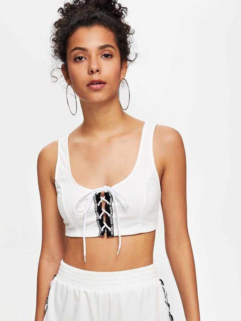 Contrast Letter Tape Lace Up Front Sports Bra-sportswear-Des Mess