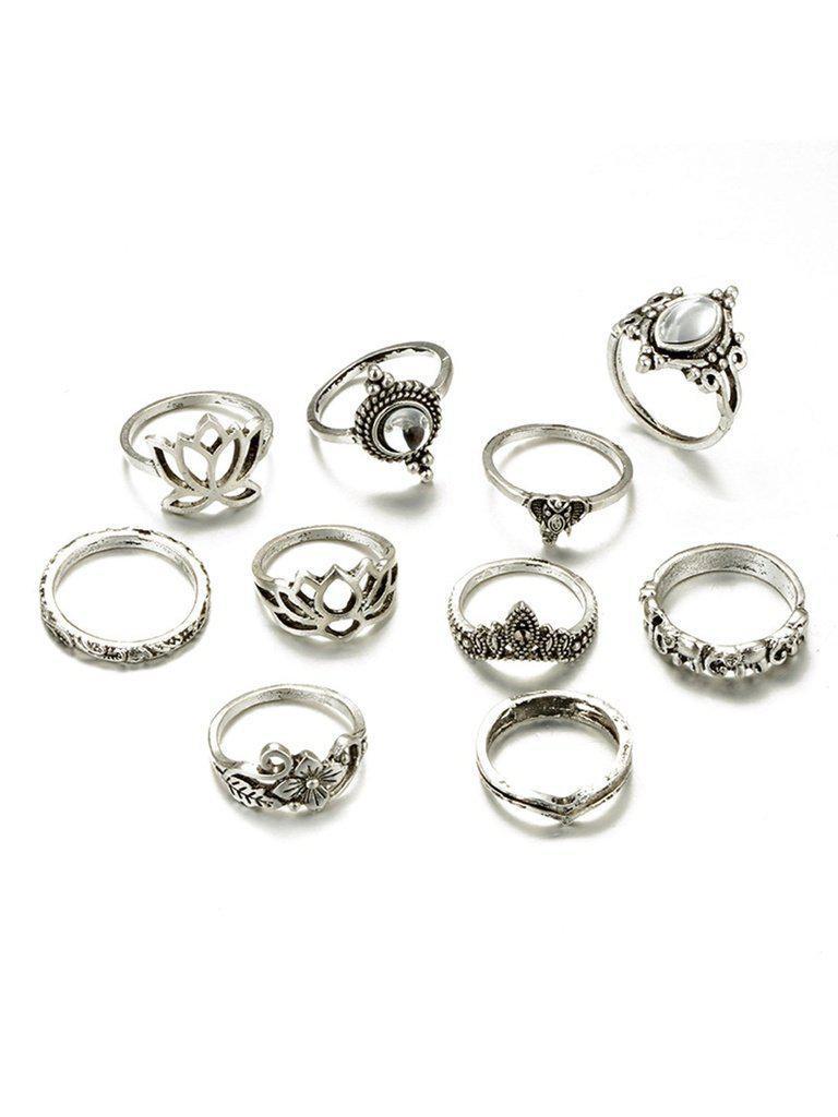 Flower Detail Gemstone Rings Set 10pcs-jewelry-Des Mess