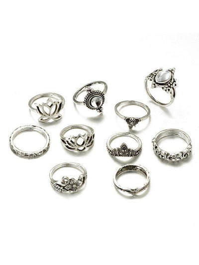Flower Detail Gemstone Rings Set 10pcs-jewelry-Des Mess