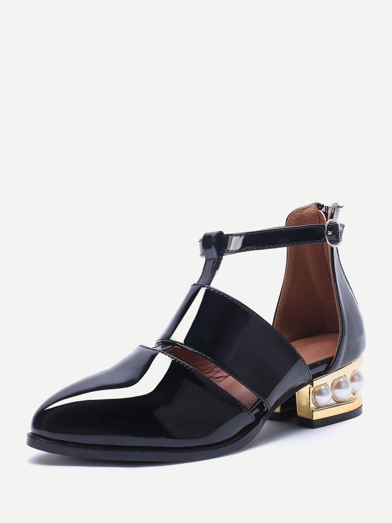 Black Pearl Design Back Zipper Patent Leather Shoes-shoes-Des Mess