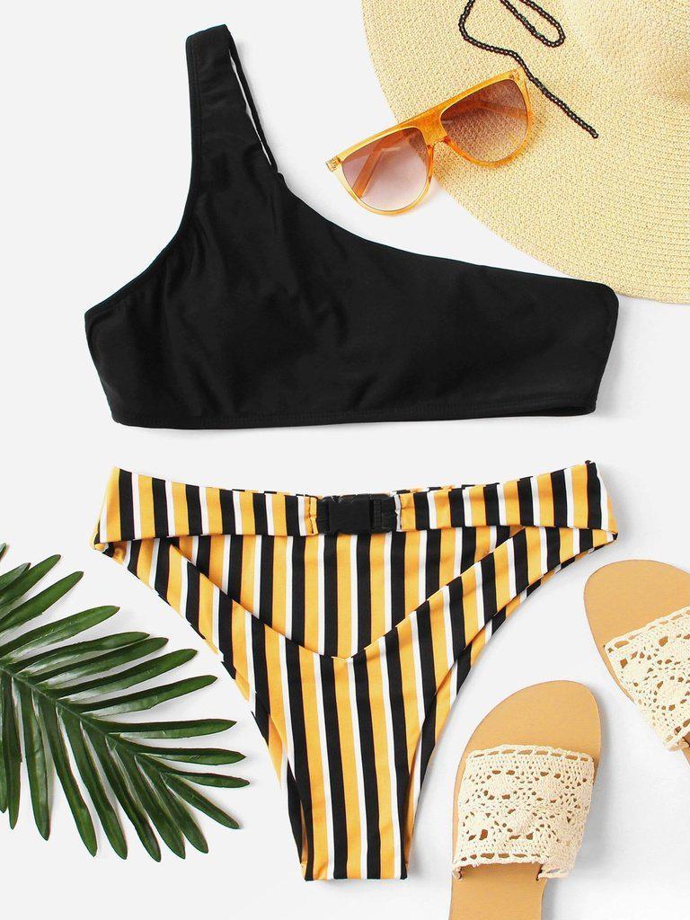 One Shoulder Striped Bikini Set--Des Mess