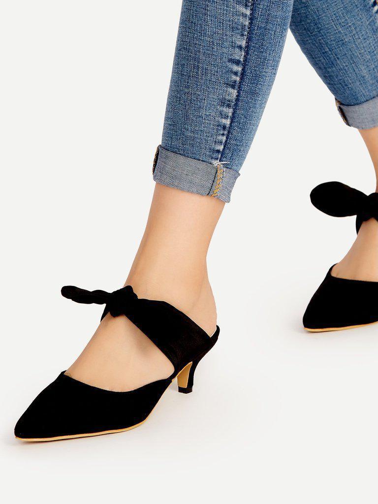 Black Point Toe Bow Tie Heeled Mules-shoes-Des Mess