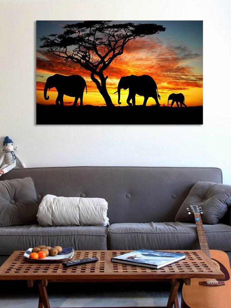 Sunset & Elephant Print Cloth Art-others-Des Mess