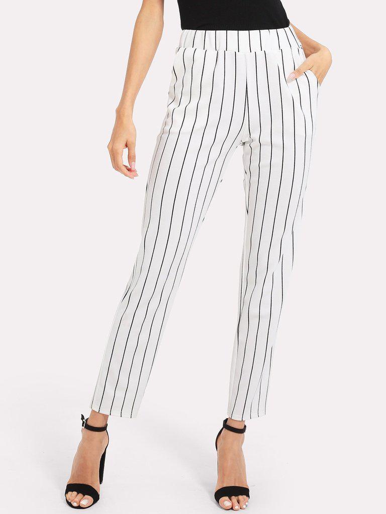 Elastic Waist Pinstripe Cigarette Pants-bottom-Des Mess