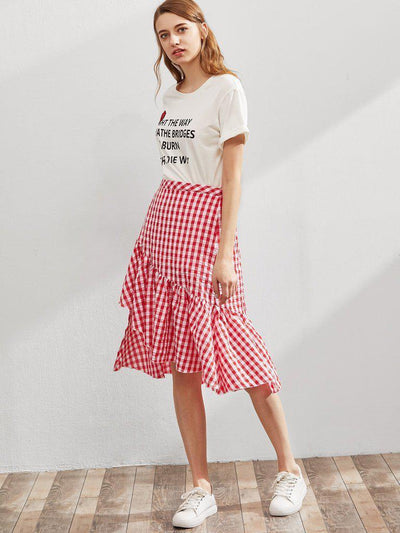 Elastic Waist Gingham Asymmetric Frill Skirt-bottom-Des Mess