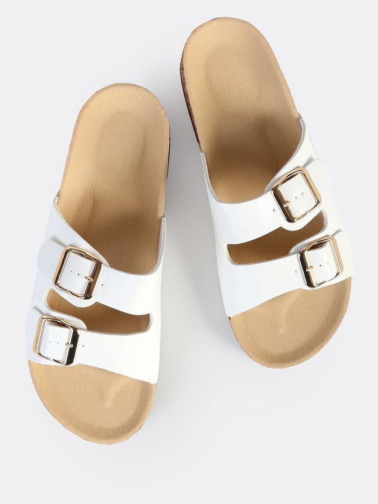 Double Buckle Leather Slides WHITE-shoes-Des Mess