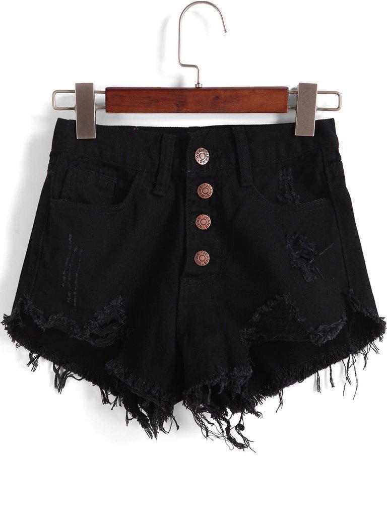 Single-breasted Ripped Fray Hem Denim Shorts-bottom-Des Mess