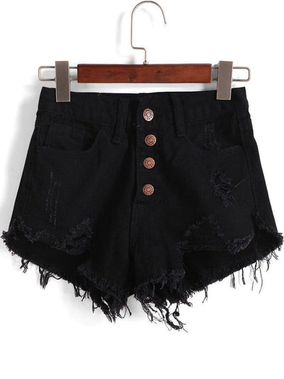 Single-breasted Ripped Fray Hem Denim Shorts-bottom-Des Mess