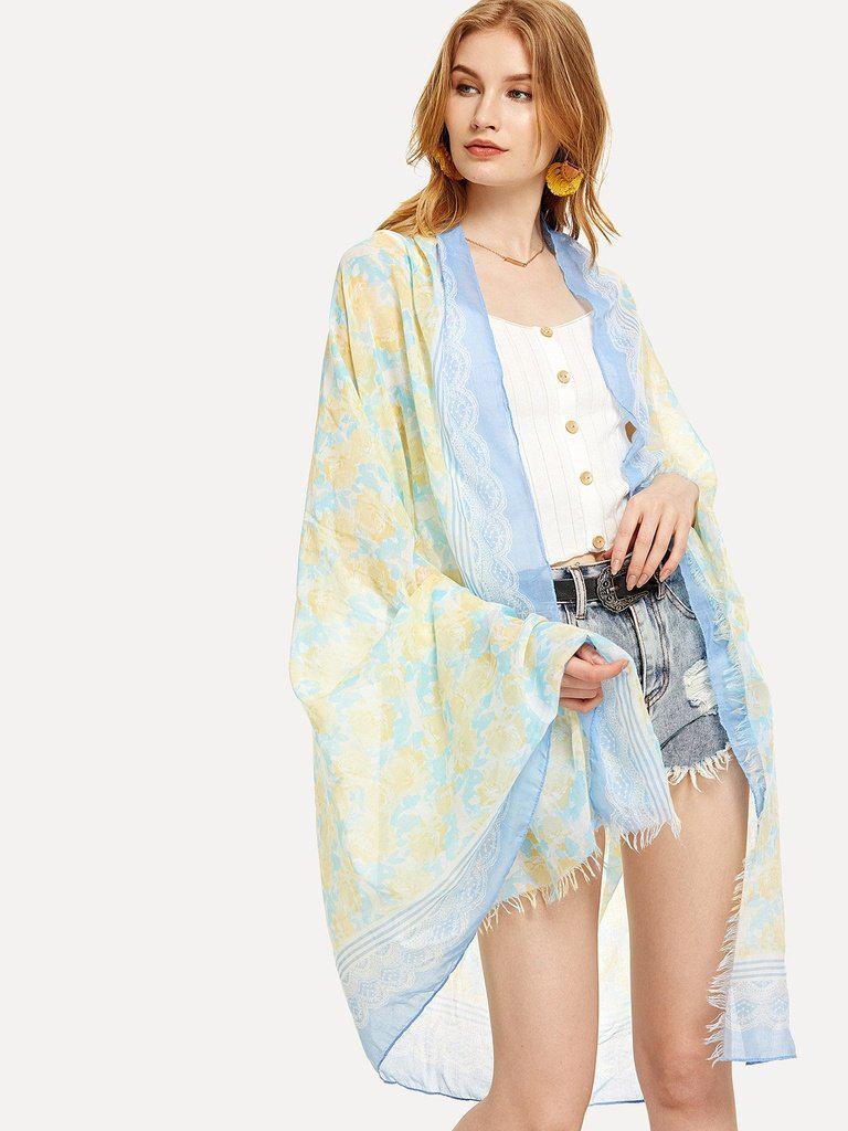 Flower Print Frayed Trim Scarf-accessories-Des Mess