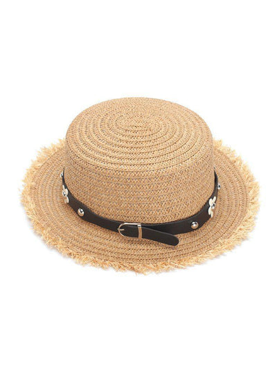 Flower Decorated PU Band Straw Hat-accessories-Des Mess