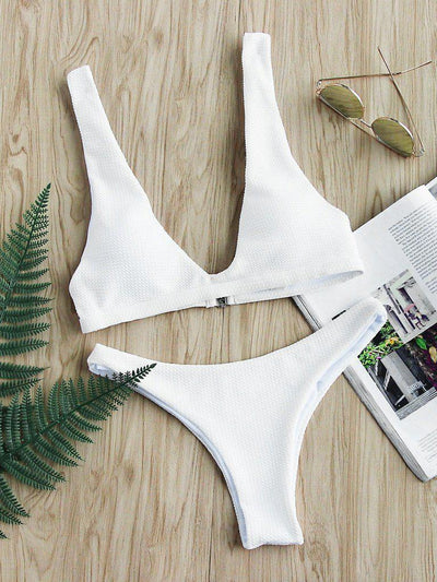 Textured Design Plunge Neck Bikini Set-swimwear-Des Mess