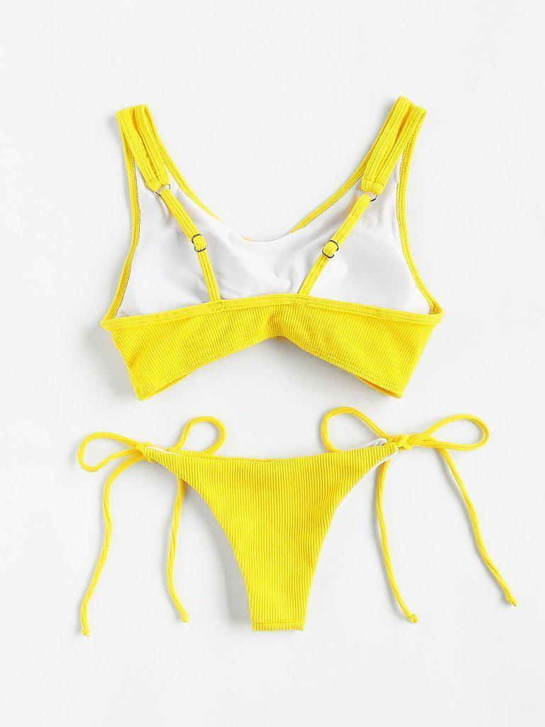 Knot Front Side Tie Ribbed Bikini Set-swimwear-Des Mess