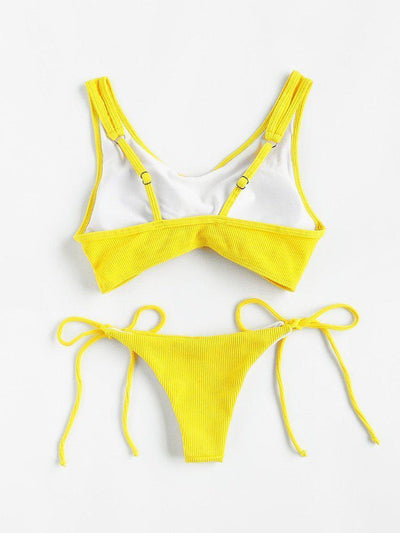 Knot Front Side Tie Ribbed Bikini Set-swimwear-Des Mess