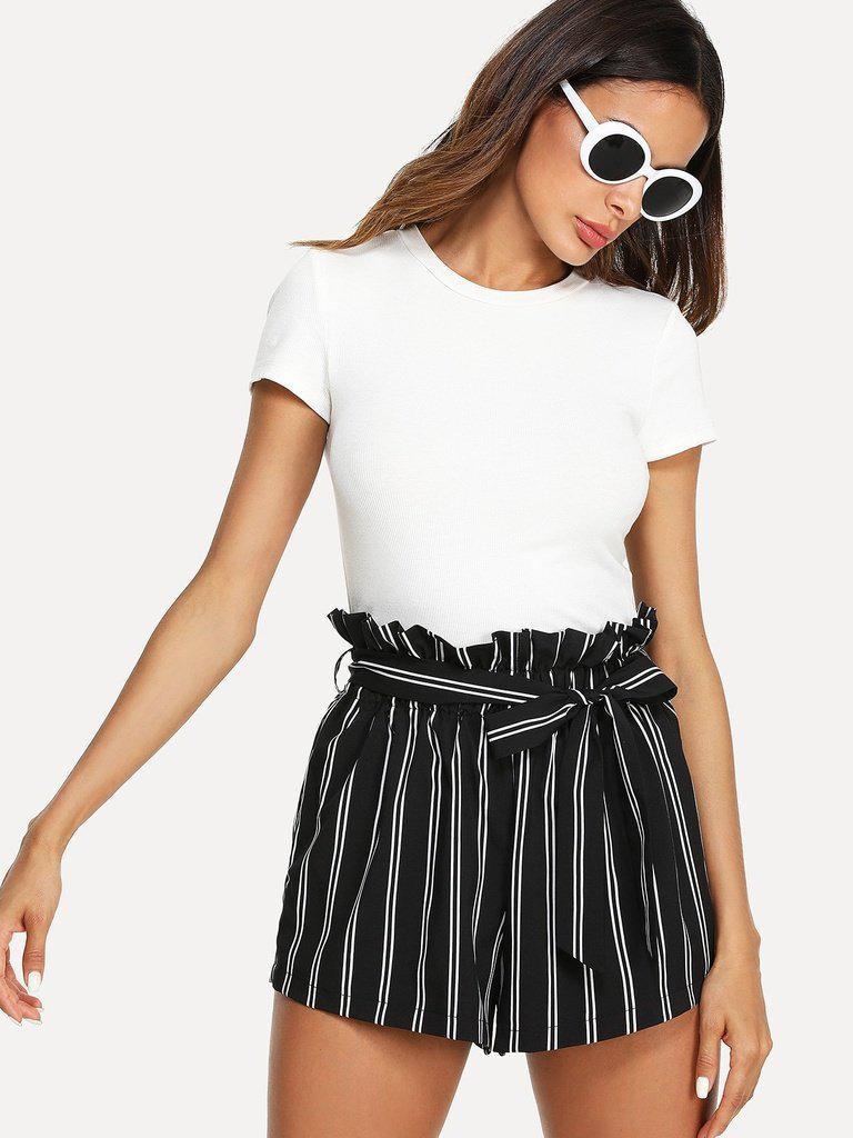 Belted Ruffle Waist Striped Shorts-bottom-Des Mess