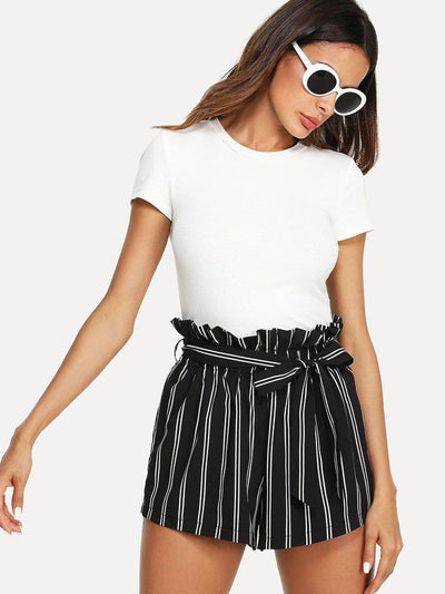 Belted Ruffle Waist Striped Shorts-bottom-Des Mess