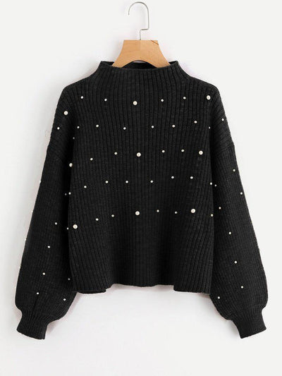 Pearl Embellished Exaggerated Bishop Sleeve Ribbed Sweater-outerwear-Des Mess