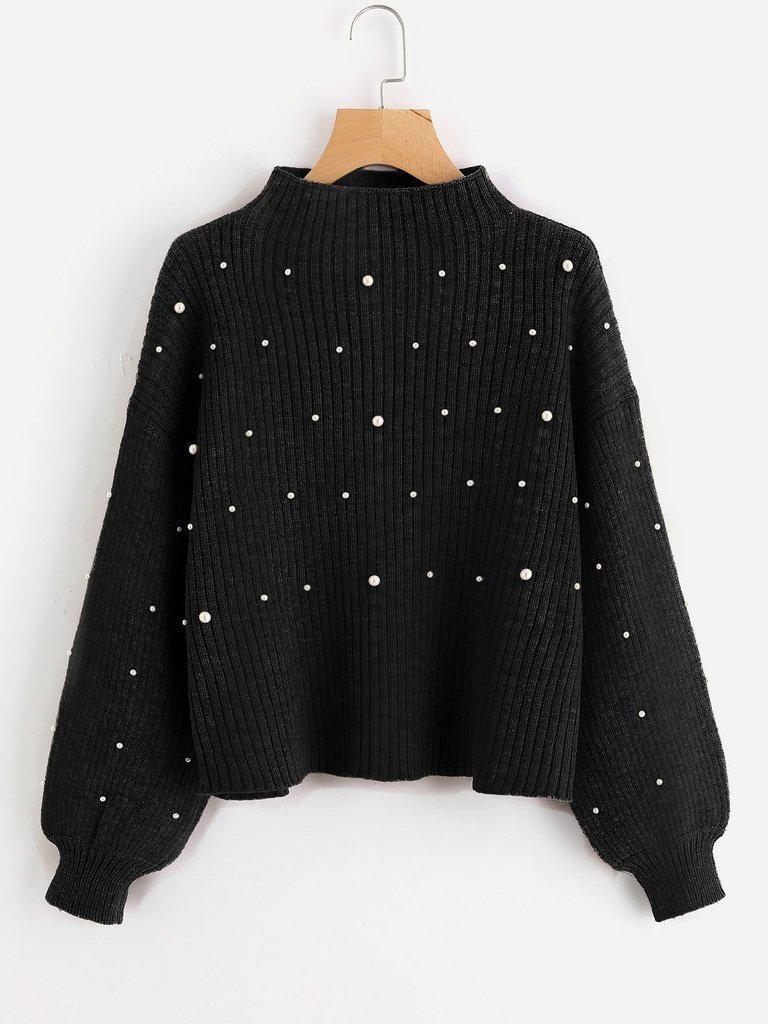 Pearl Embellished Exaggerated Bishop Sleeve Ribbed Sweater-outerwear-Des Mess