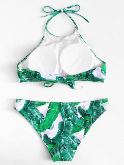 Palm Leaf Print Halter Neck Bikini Set-swimwear-Des Mess