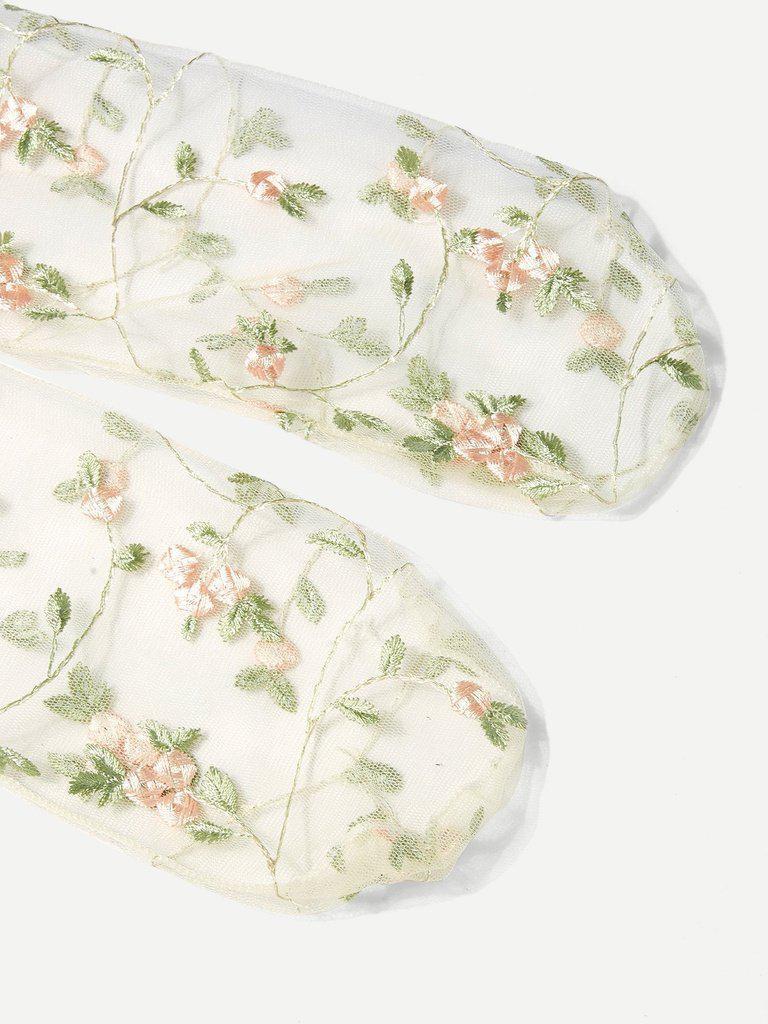 Embroidered Flower Mesh Slouch Socks-accessories-Des Mess