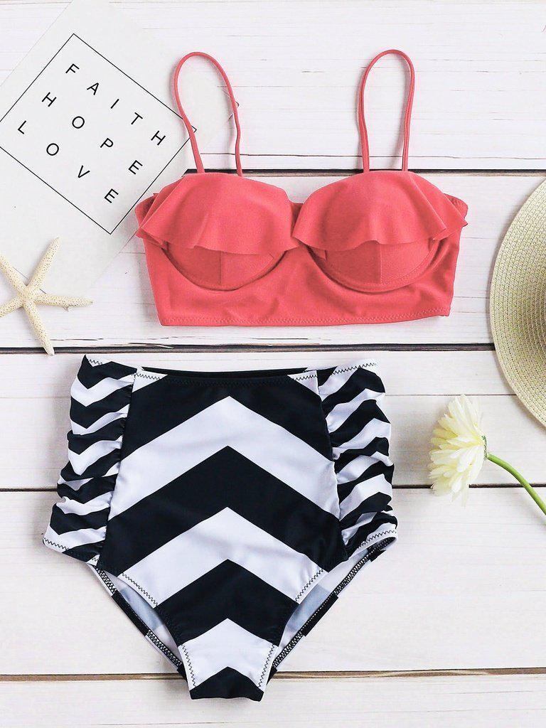Chevron Print Ruffle Design High Waist Bikini Set-swimwear-Des Mess