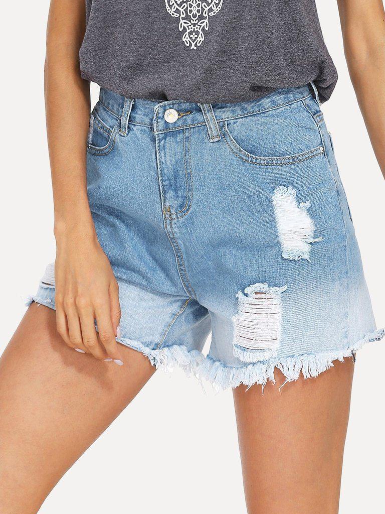 Frayed Hem Ripped Denim Shorts-bottom-Des Mess