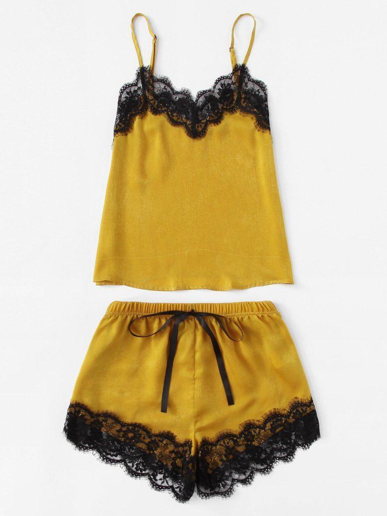 Lace Trim Satin Cami And Shorts Pajama Set-loungewear-Des Mess