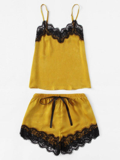 Lace Trim Satin Cami And Shorts Pajama Set-loungewear-Des Mess