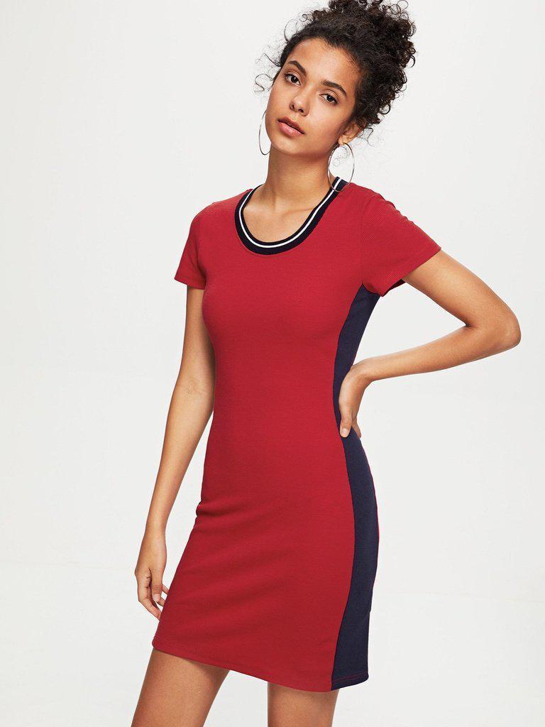 Striped Neck Fitted Dress-sportswear-Des Mess
