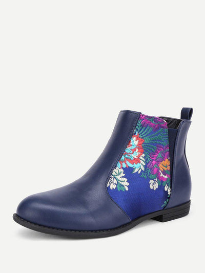 Flower Embroidery PU Flat Boots-shoes-Des Mess