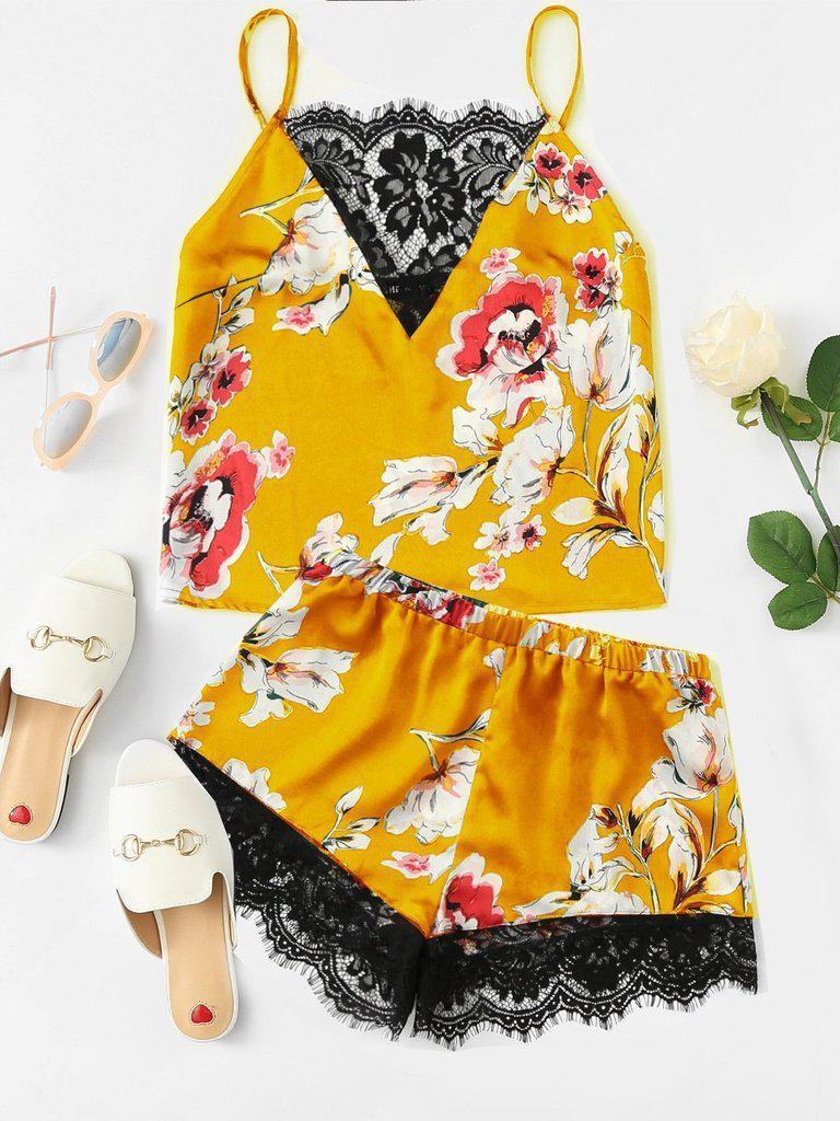 Floral Print Lace Insert Cami Top & Shorts PJ Set-loungewear-Des Mess