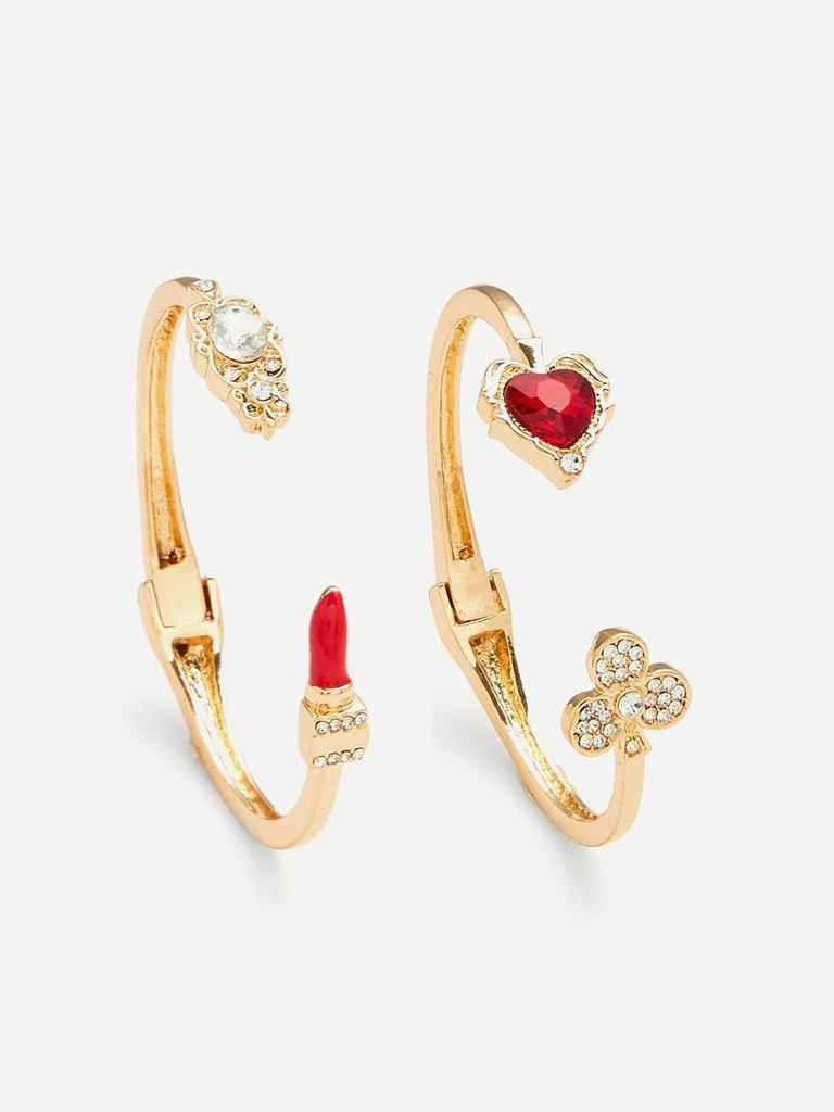 Heart Detail Rhinestone Cuff Bracelet 2pcs--Des Mess