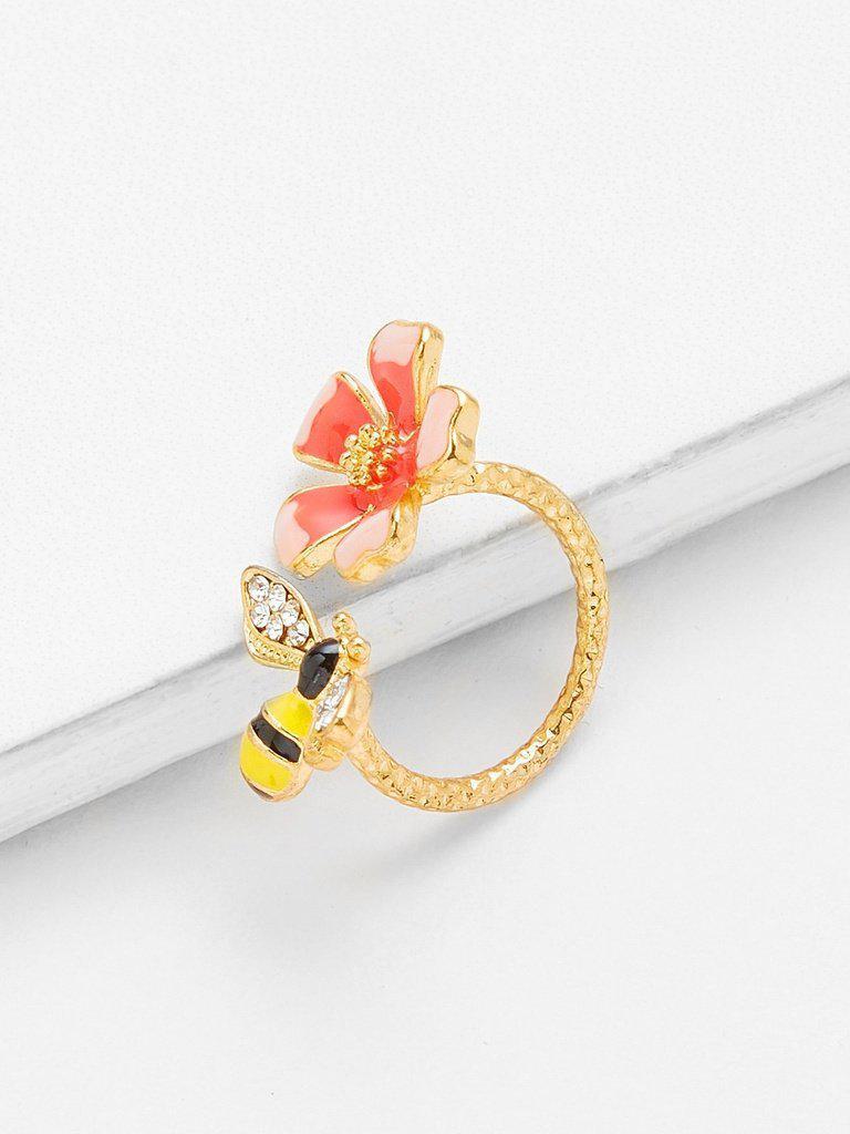Flower And Bee Cuff Ring-jewelry-Des Mess