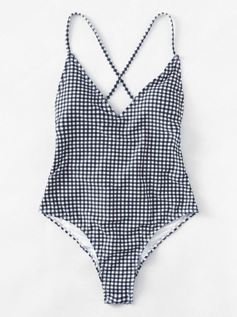 Cross Back Gingham Swimsuit-swimwear-Des Mess