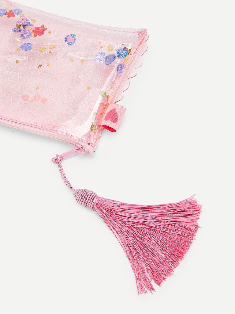 Scalloped Trim Tassel Glitter Pouch-makeup-Des Mess