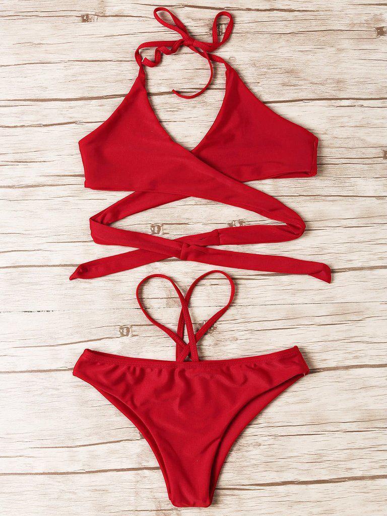Cross Front Lace-Up Halter Bikini Set--Des Mess