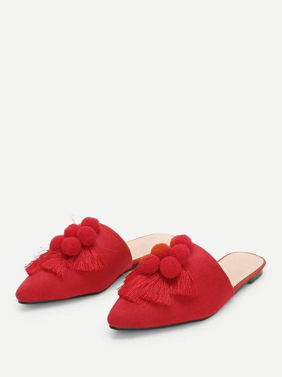 Pom Pom & Tassel Front Flat Mules-shoes-Des Mess