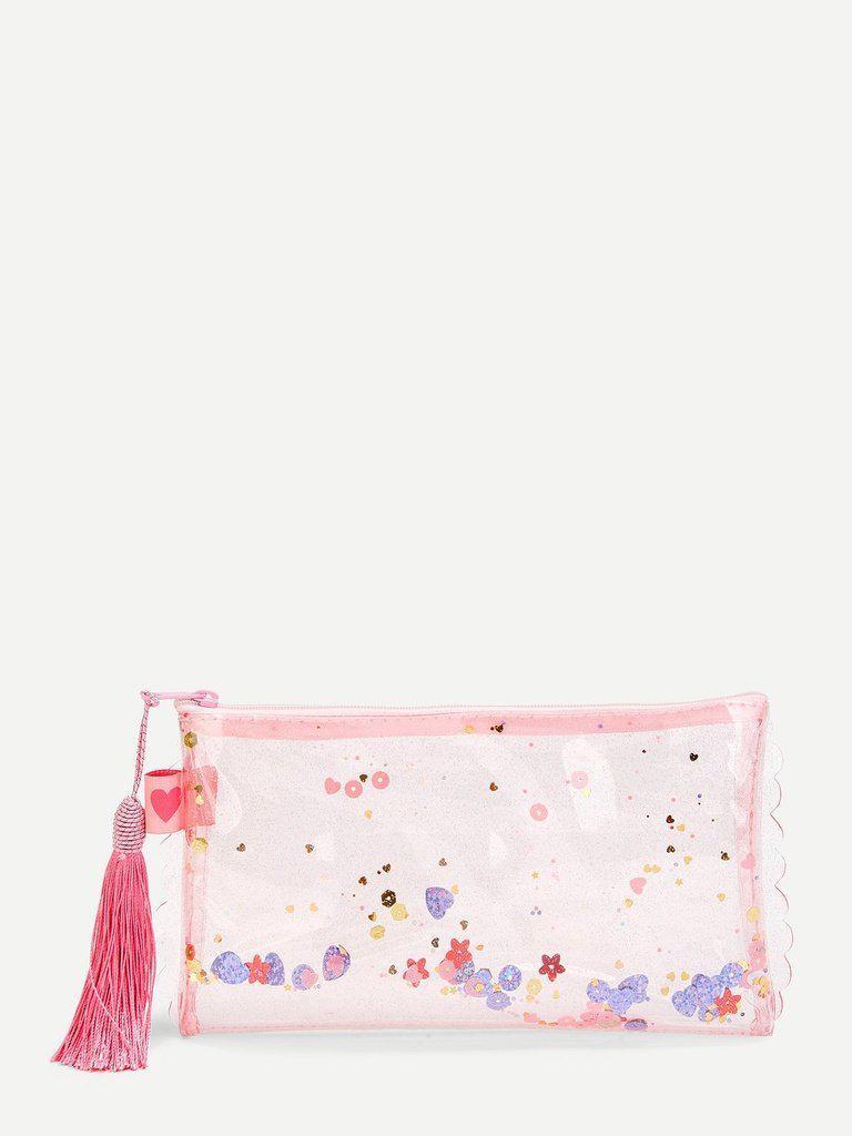 Scalloped Trim Tassel Glitter Pouch-makeup-Des Mess