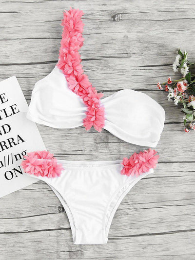 Contrast Flower Embellished One Shoulder Bikini Set-swimwear-Des Mess